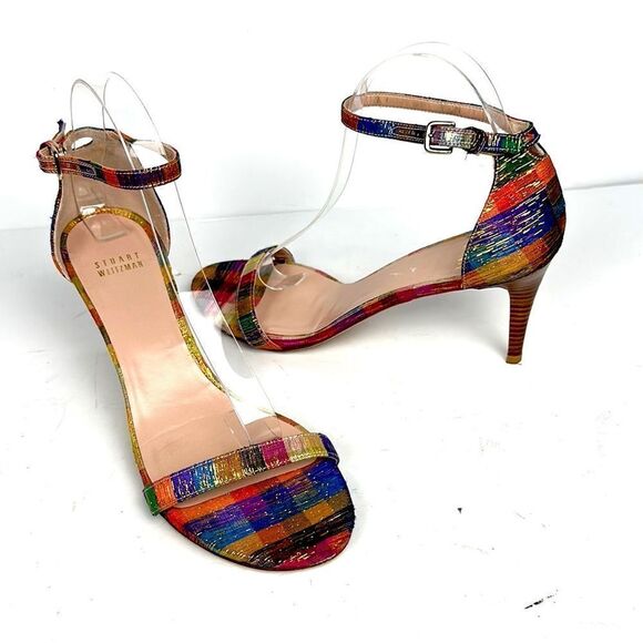 STUART WEITZMAN Metallic Rainbow Plaid Leather Ankle Strap Nunaked Sandals 9,5 - Picture 3 of 15